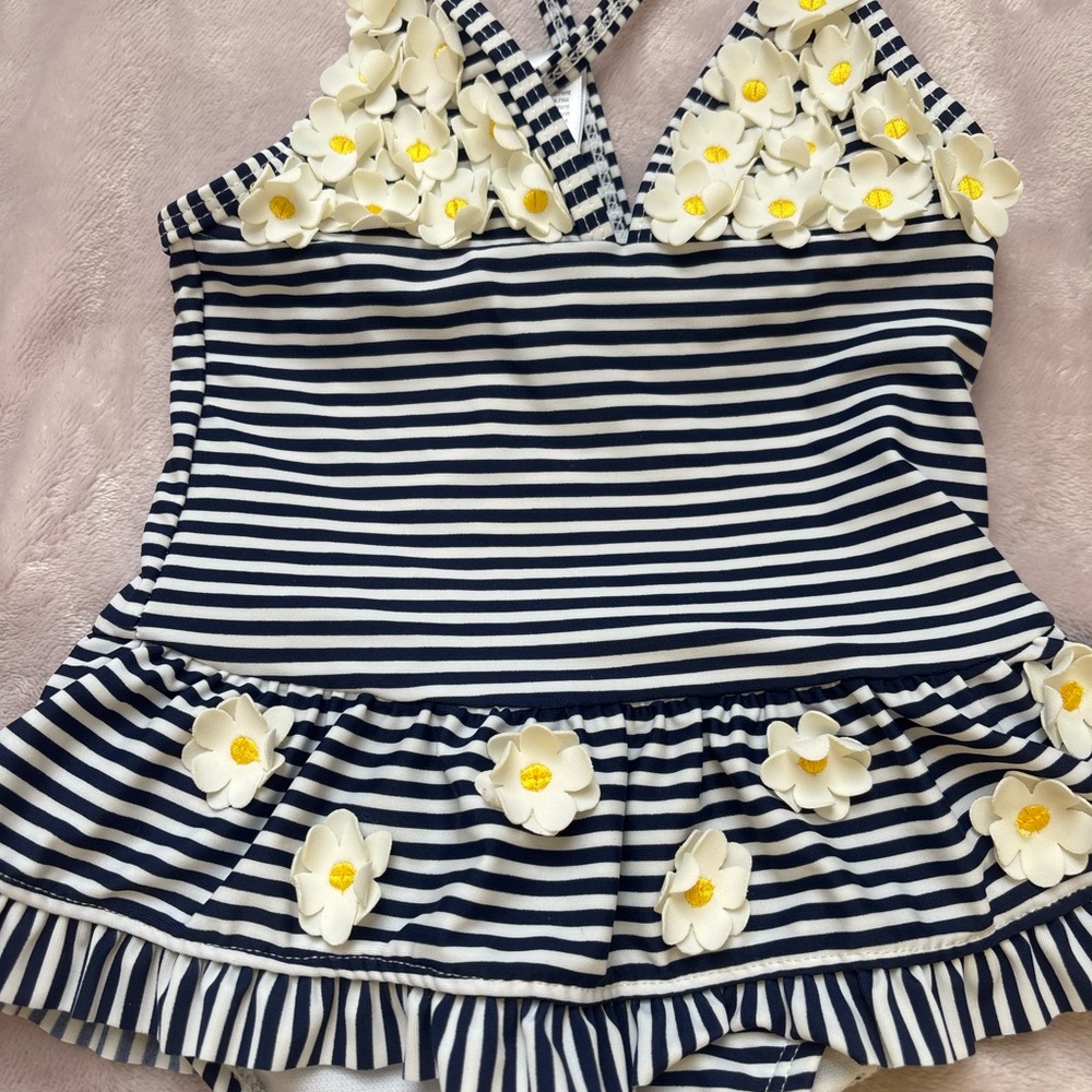 Little Me Navy and White One Piece Swimsuit
